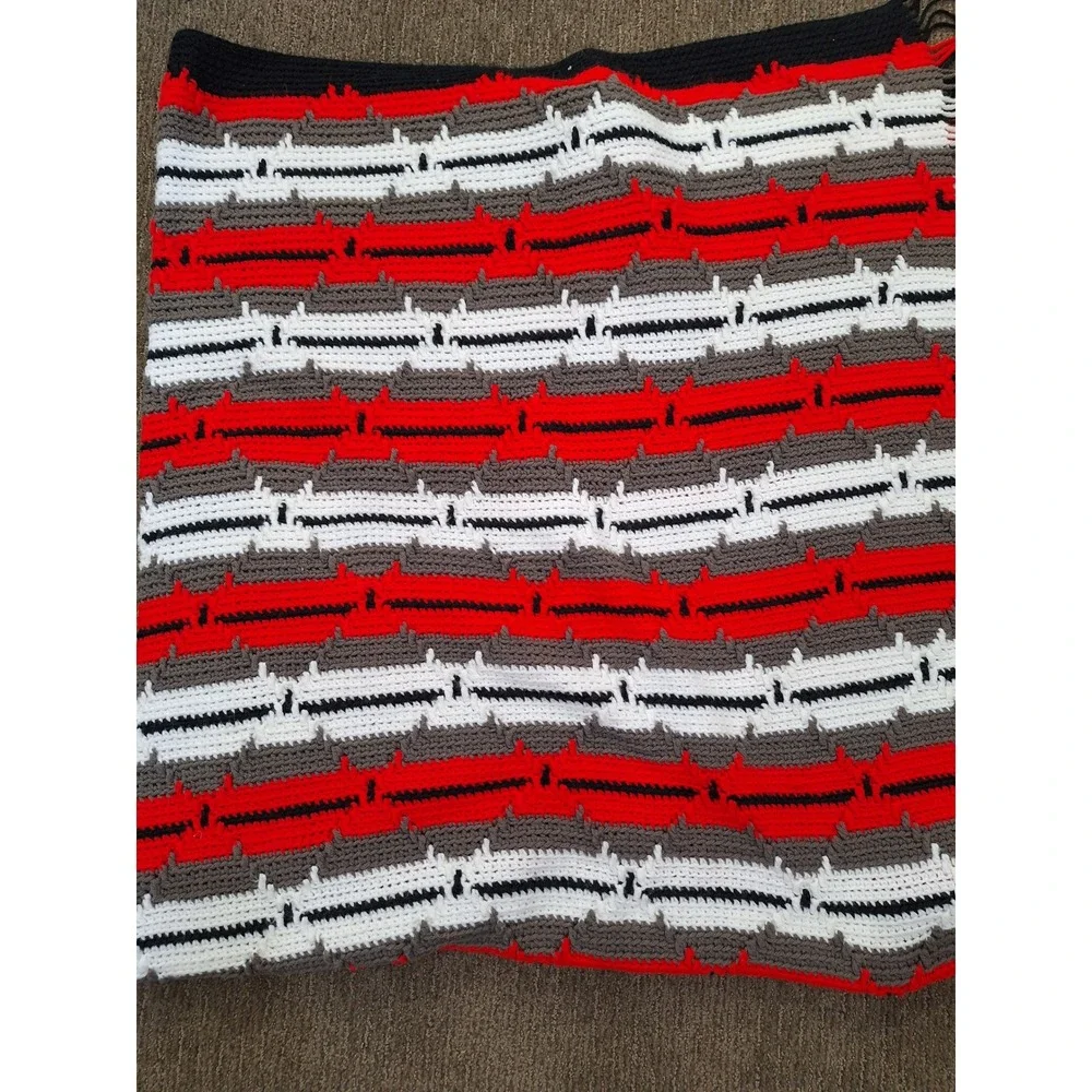 Vintage Handmade Crochet Afghan Blanket Red White Grey Black Stripe Fringe Throw